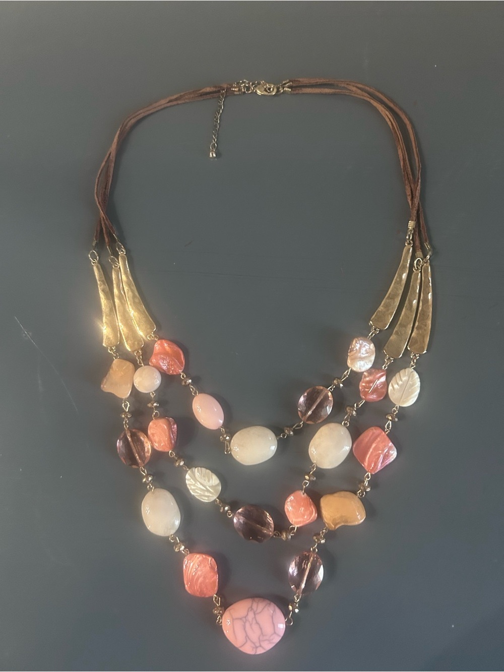 Layered Pink and Brown Beaded Statement Necklace with Gold Accents